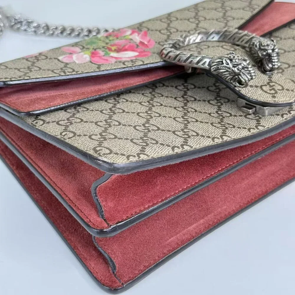 Gucci GG Logo Supreme Medium Dionysus Shoulder Bag with Floral Accent and Red Tr
